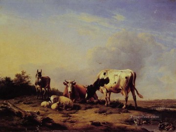 ユージン・ヨーゼフ・フェルベックホーフェン Painting - Asture Eugene Verboeckhoven での集まり 動物 牛